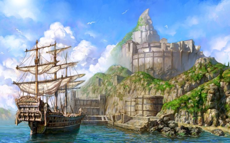 port, Painting, Fantasy, Ship, Sea, Sky HD Wallpaper Desktop Background