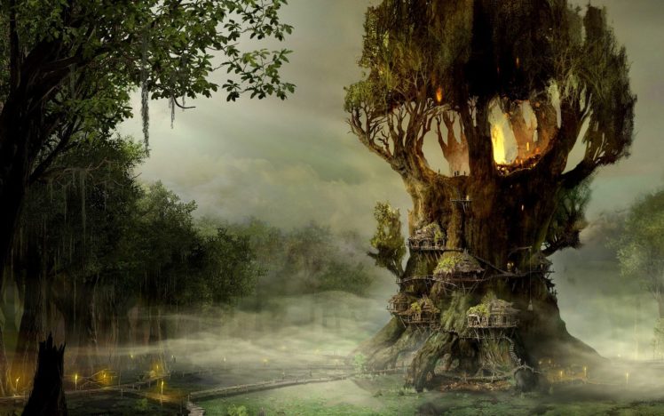 village, On, The, Tree, Fantasy HD Wallpaper Desktop Background
