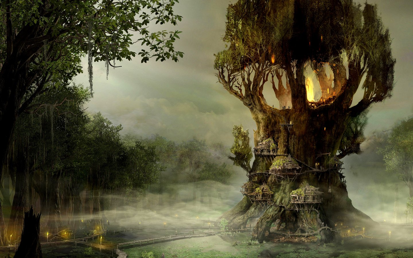 village, On, The, Tree, Fantasy Wallpaper