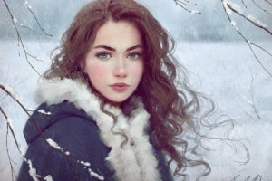 painting, Art, Snow, Winter, Long, Hair, Girl, Woman, Beautiful