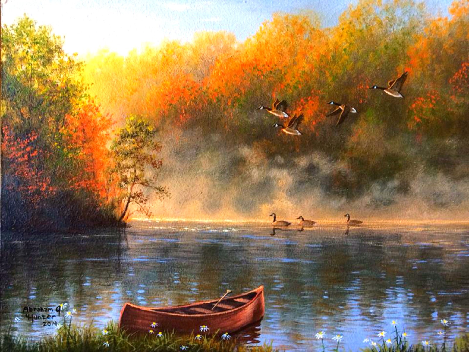 autumn, Fall, Landscape, Nature, Tree, Forest, Leaf, Leaves, Rustic, Artwork, Duck, Boat, Sumrise, River, Lake, Mood Wallpaper