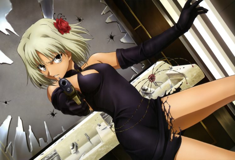 girl, Blonde, Body, Roses, Evening, Dress, Gun, Feet, Anime HD Wallpaper Desktop Background