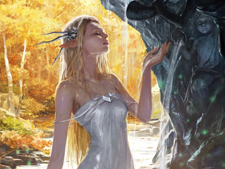 legend, Of, Cryptids, Art, Drawing, Fantasy, Girl, Elf, Pixie, Blonde, Dress, Dress, Wet, Waterfall, Fountain, Sculpture, Statue, Forest, Autumn, Game, Fantasy HD Wallpaper Desktop Background