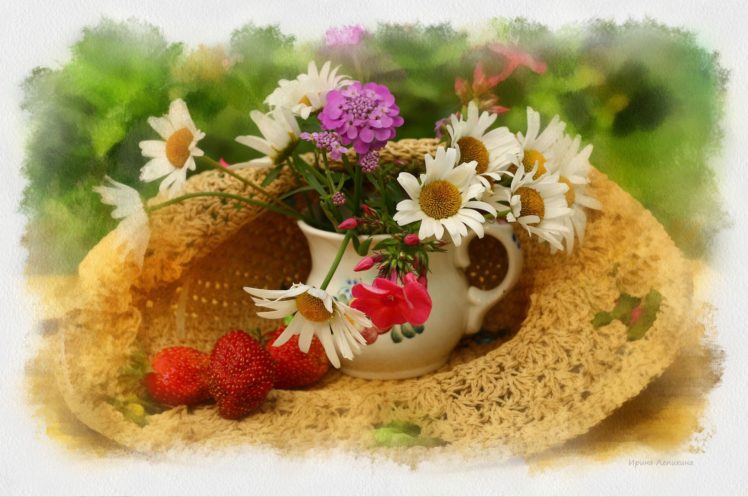 still, Hat, Vase, Flowers, Flower, Berries, Strawberry HD Wallpaper Desktop Background