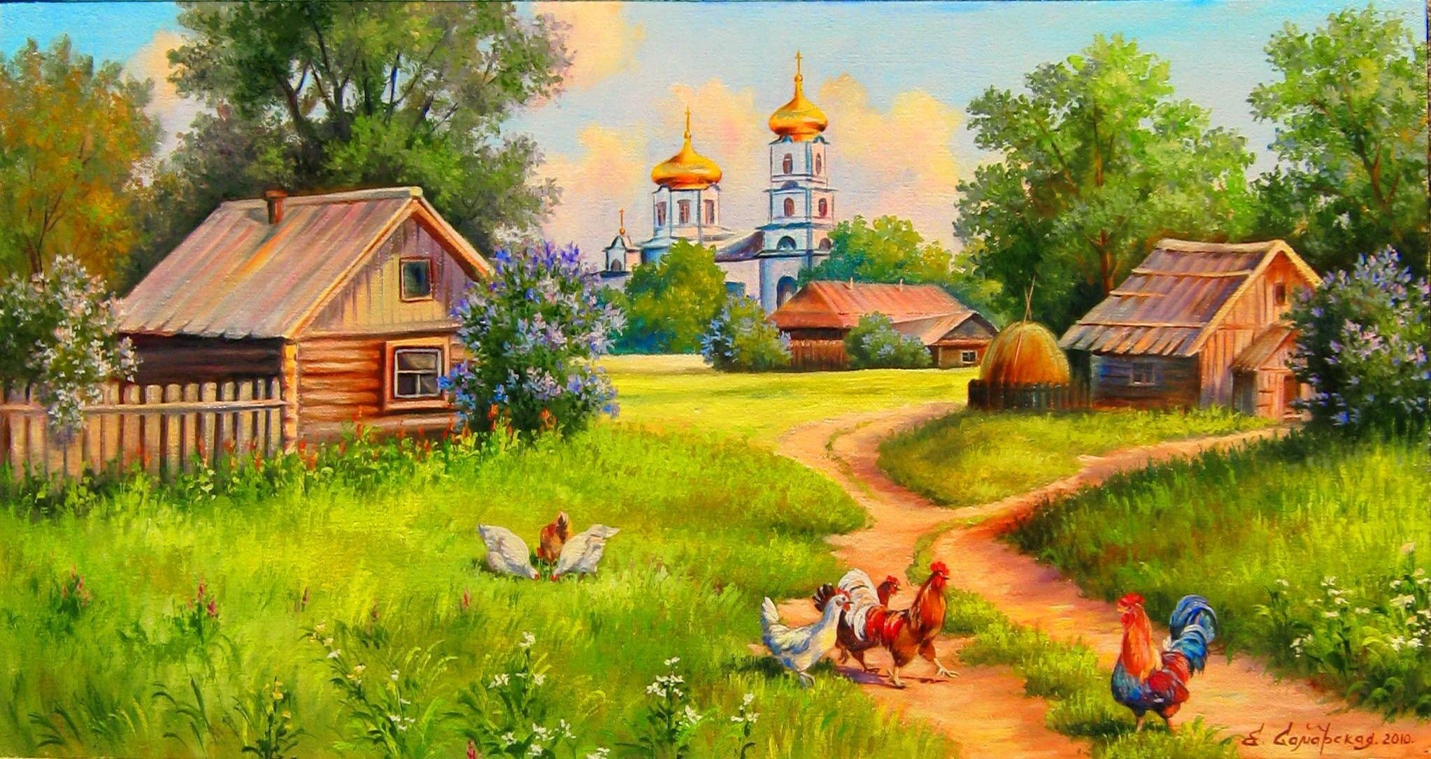 village, Of, Kura, Home, Church, Methods, Flowers, Trees, Farm, Artwork, Rustic, Painting Wallpaper