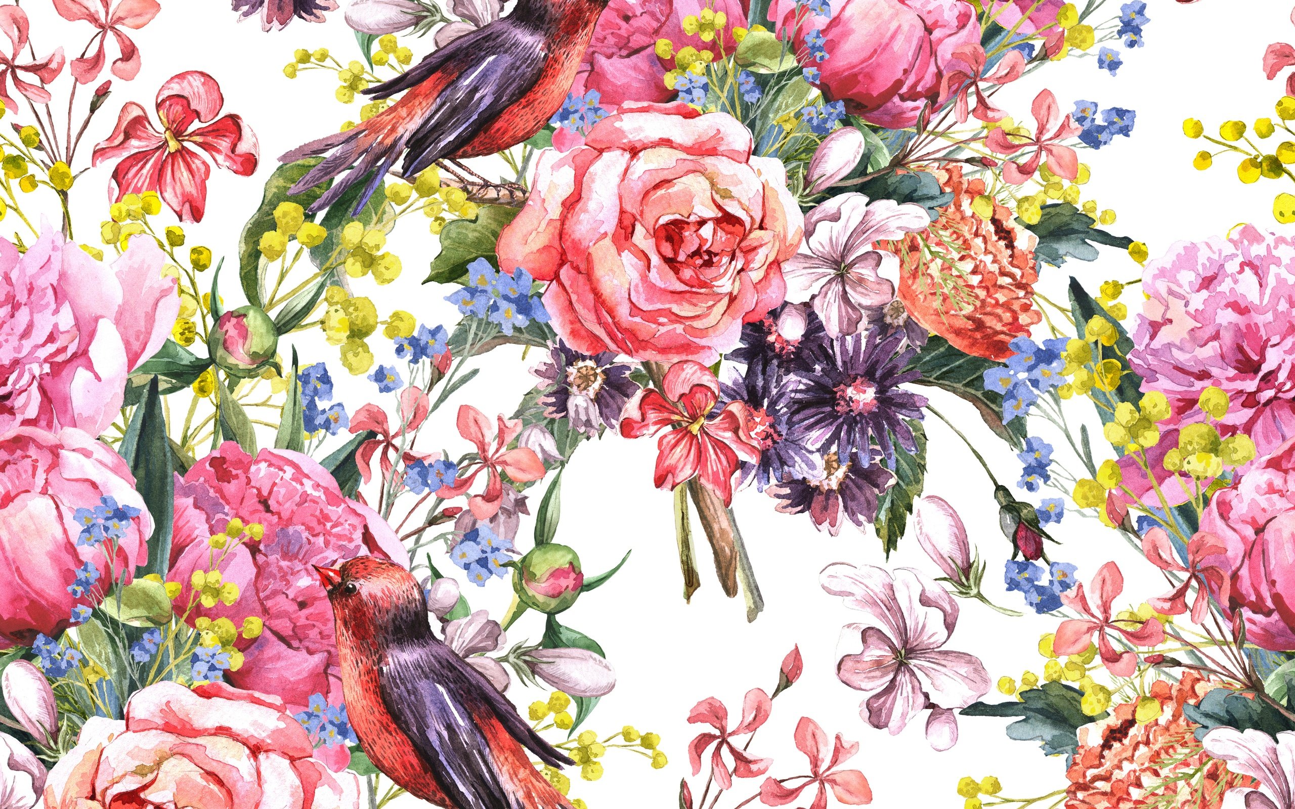painting, Watercolor, Flowers, Birds Wallpaper