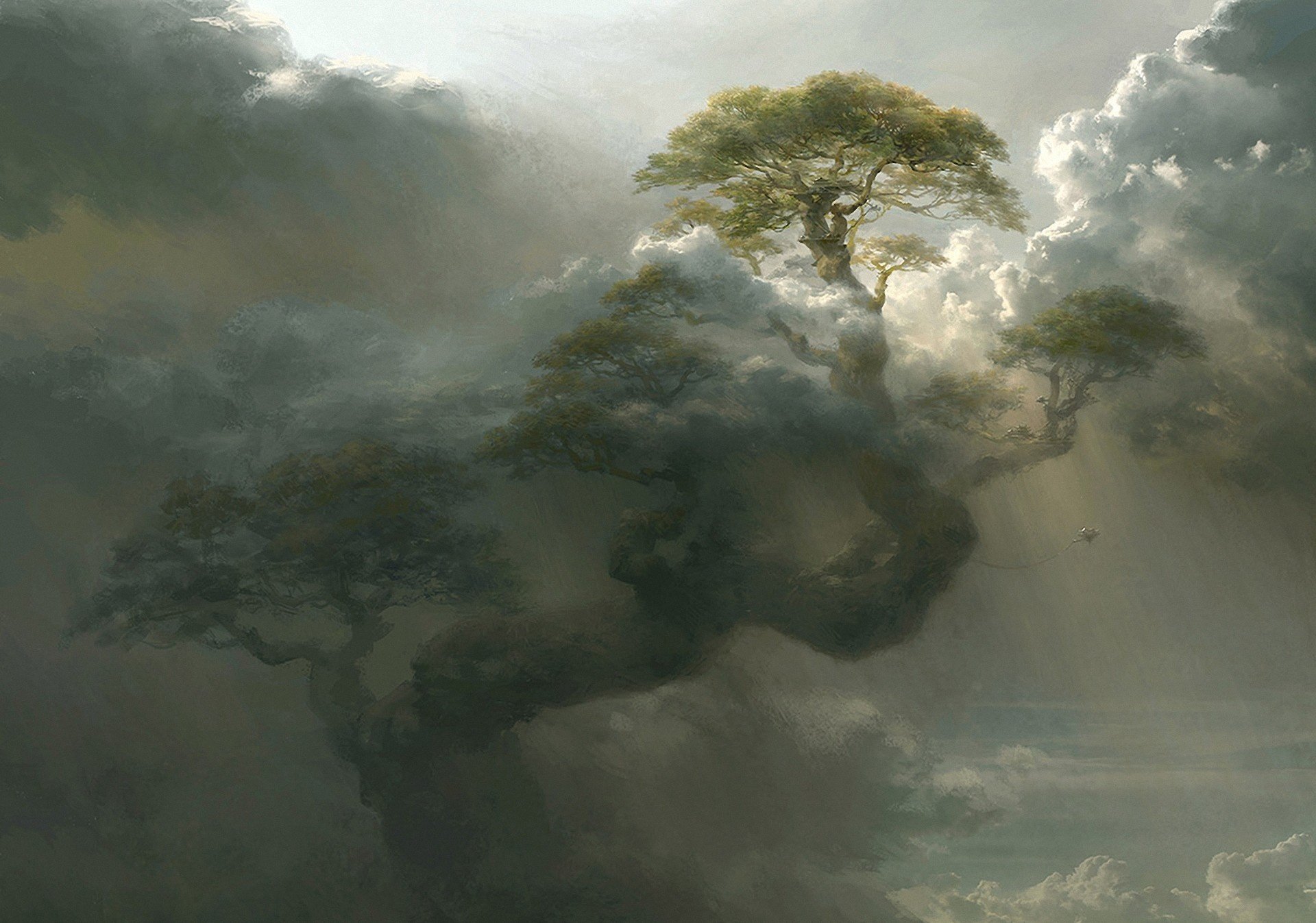 giant Tree Mountain Art  Cloud Artwork  Fantasy 