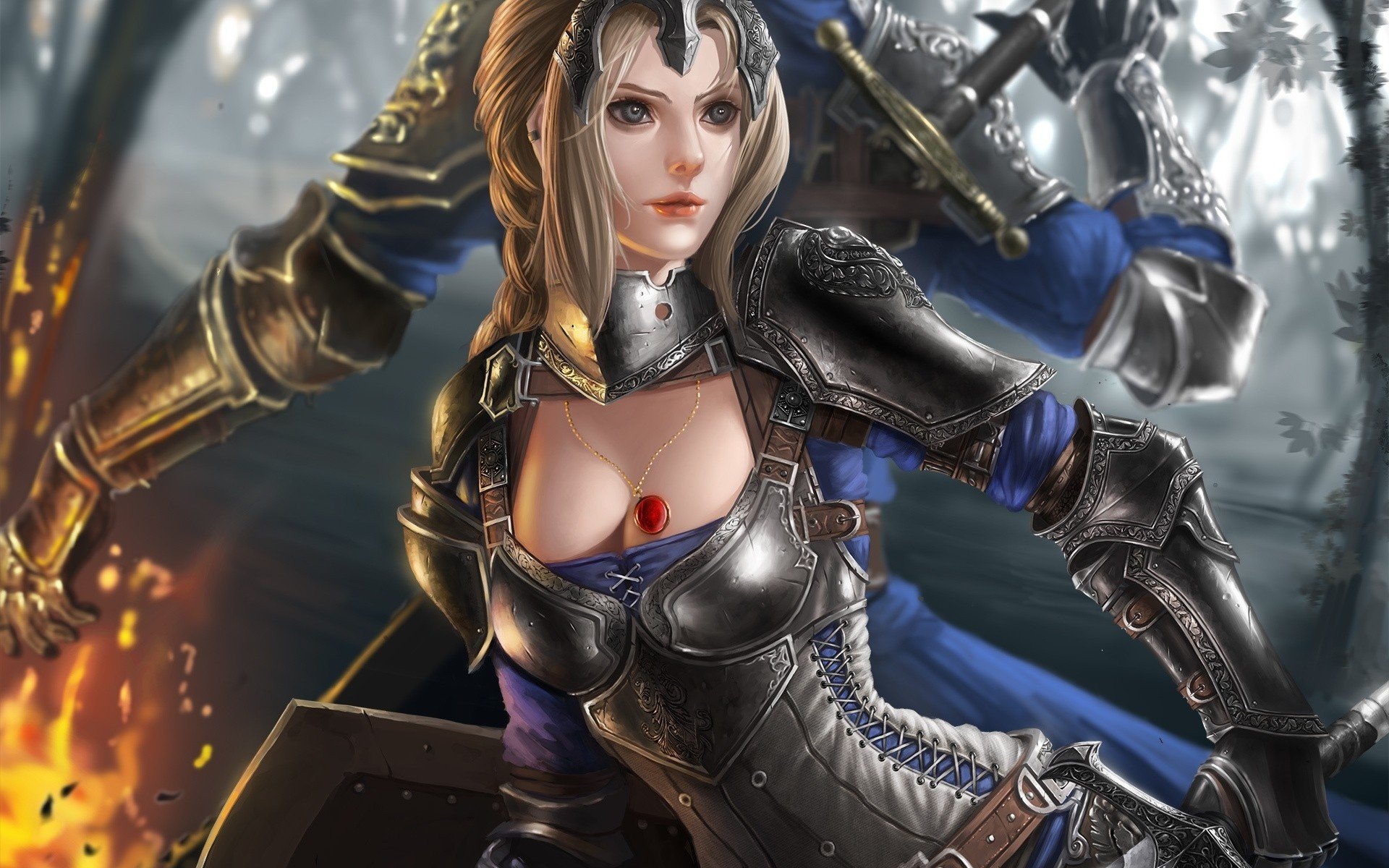 warrior, Girl, Blonde, Armor, Sword, Fire, Pendants, Necklaces, Fantasy, Art Wallpaper