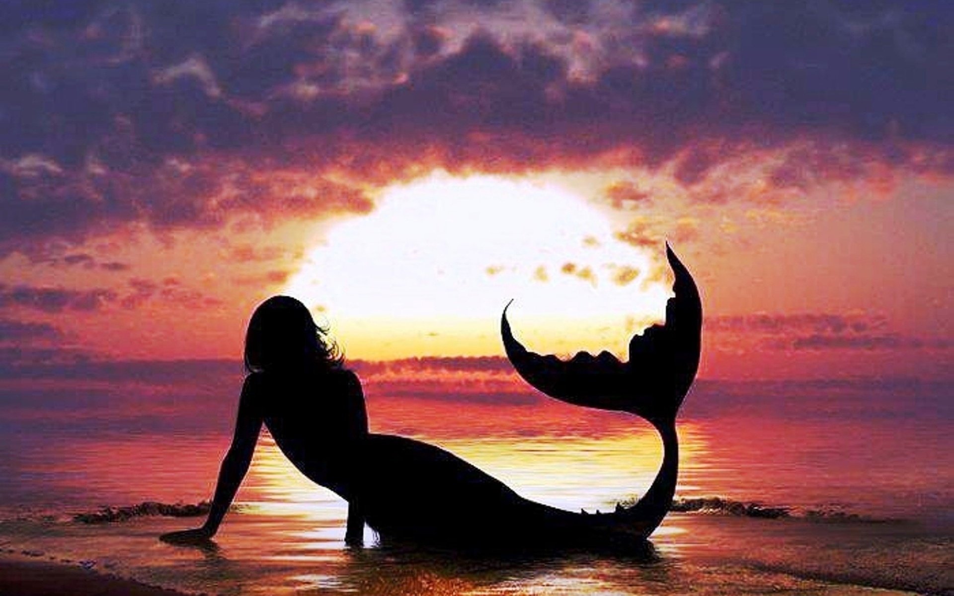 mermaid, Sea, Ocean, Sunset Wallpaper