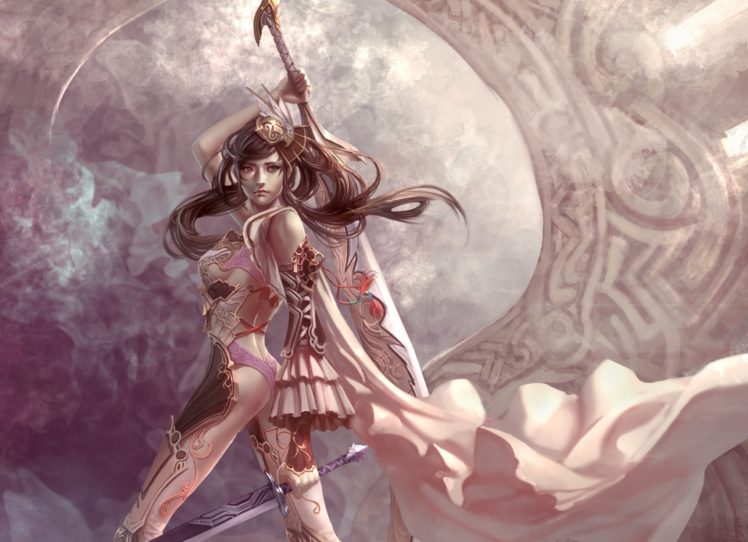 warrior, Girl, Brunette, Body, Swords, Guns, Art, Fiction HD Wallpaper Desktop Background