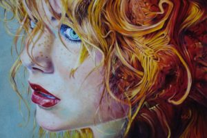art, Woman, Red, Hair, Oil, Blue, Eyes, Beauty