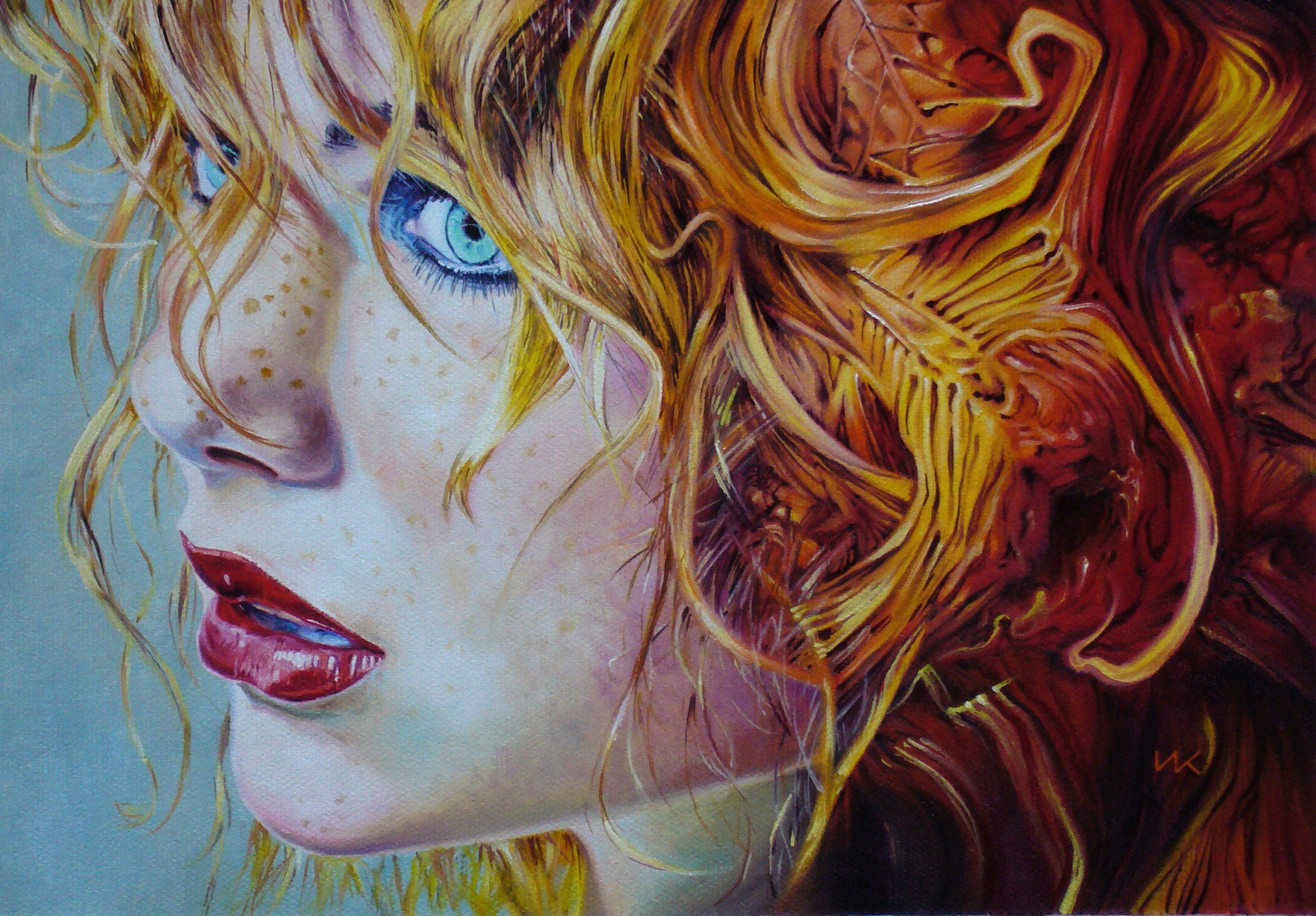 art, Woman, Red, Hair, Oil, Blue, Eyes, Beauty Wallpaper