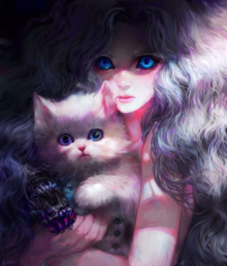 fantasy, Girl, Blue, Eyes, Hair, Long, Cat, Animal, Beautiful HD Wallpaper Desktop Background