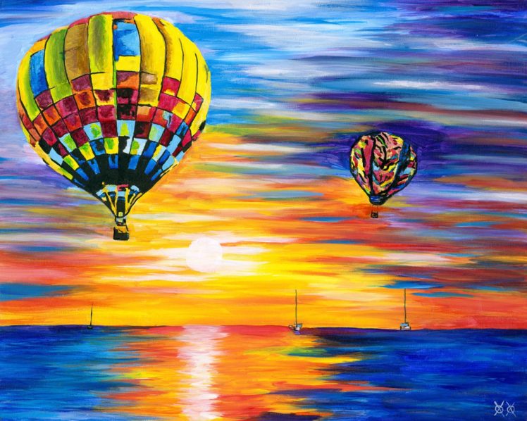 at, Oil, Sunset, Sea, Sky, Balloons, Beauty HD Wallpaper Desktop Background