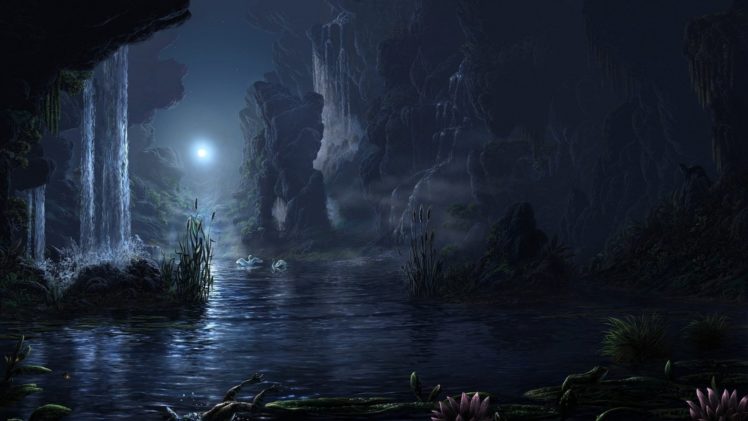 fantasy, Lake, Animal, Moon, Waterfall, Landscape, Beauty, Night HD Wallpaper Desktop Background