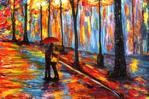 art, Oil, Original, Umbrella, Red, Couple, Love