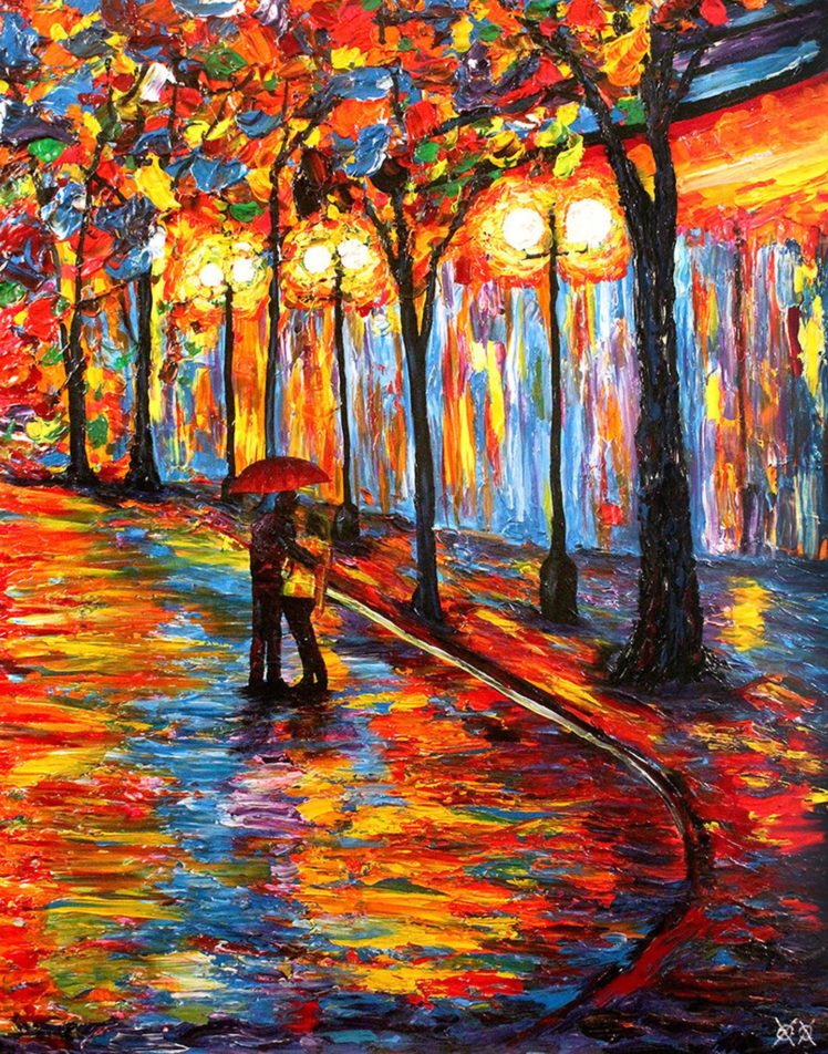 art, Oil, Original, Umbrella, Red, Couple, Love HD Wallpaper Desktop Background