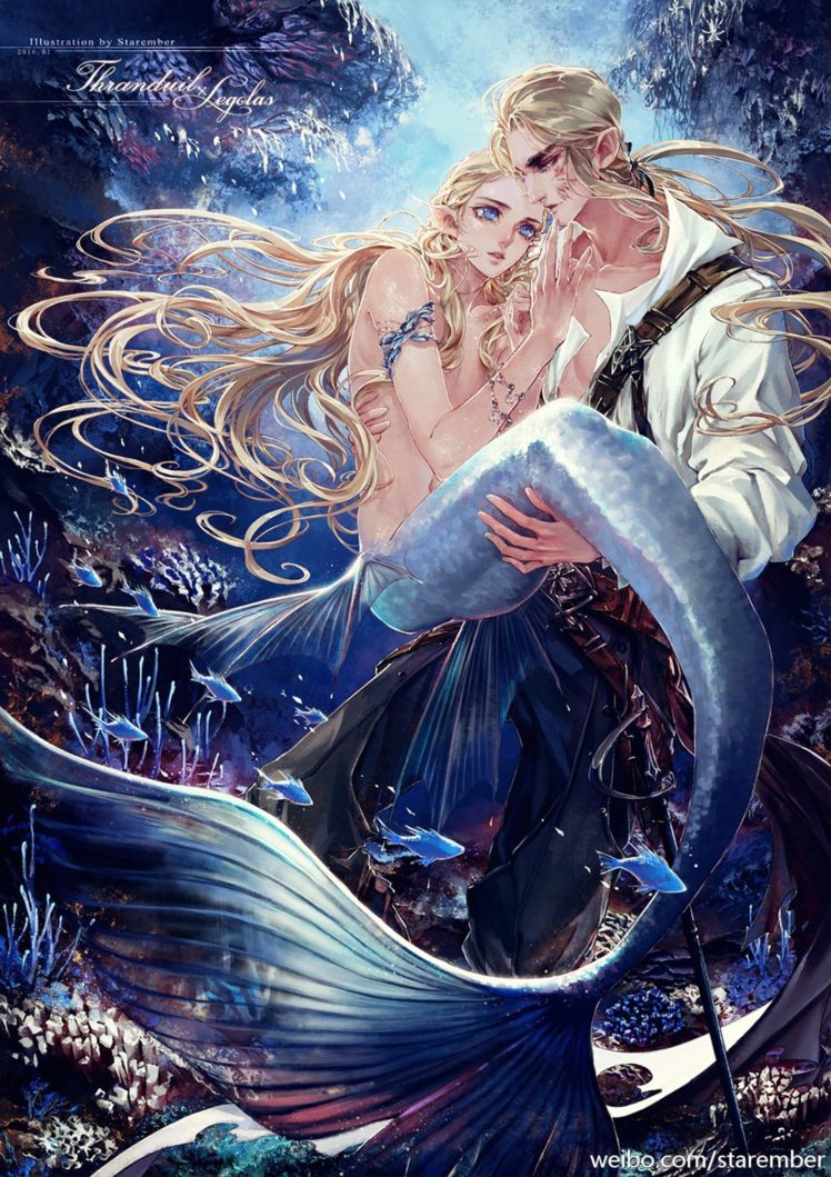 mermaid, Fantasy, Beauty, Male, Blue, Blue, Eyes, Fish HD Wallpaper Desktop Background
