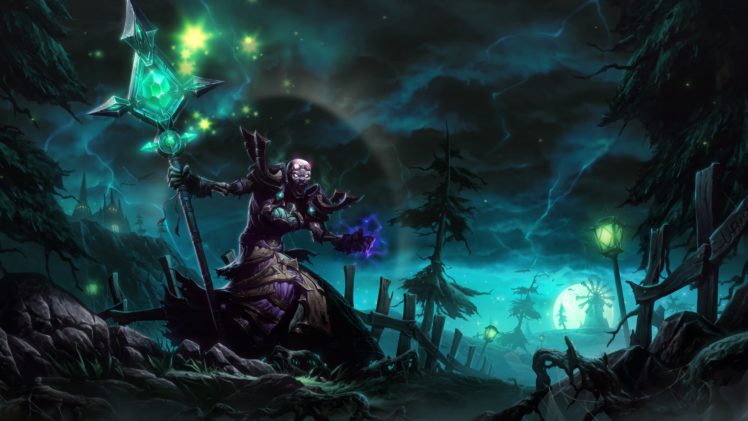 fantasy, Necromancer, Staff, Magic, Trees, Windmill, Moon, Night HD Wallpaper Desktop Background