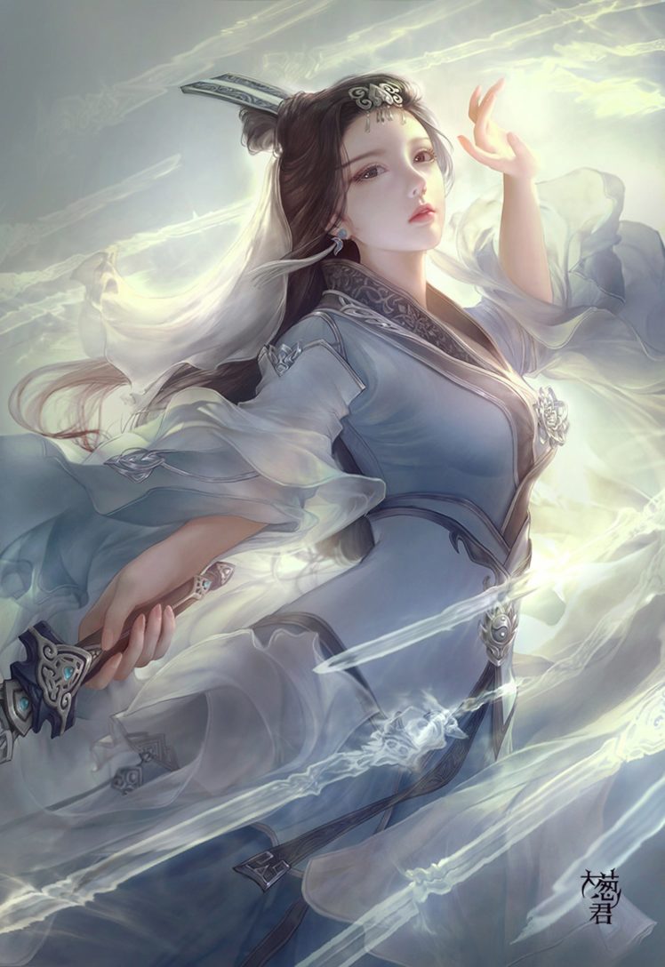 fantasy, Original, Girl, Woman, Character, Long, Hair, Beautiful, Dress, Sword HD Wallpaper Desktop Background