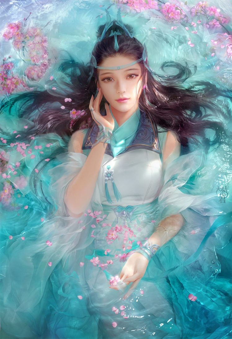 fantasy, Original, Girl, Woman, Character, Long, Hair, Beautiful, Water, Dress HD Wallpaper Desktop Background