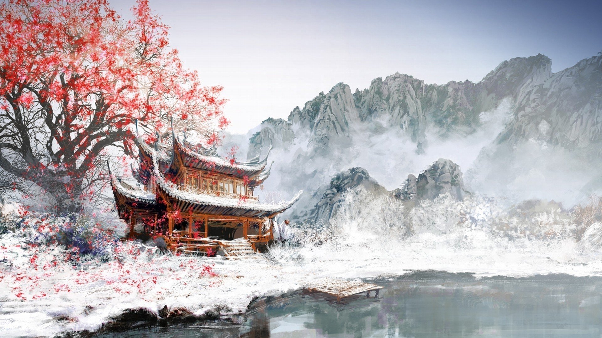 painting, Winter, Snow, Tree, Red, Mountain, Lake Wallpaper