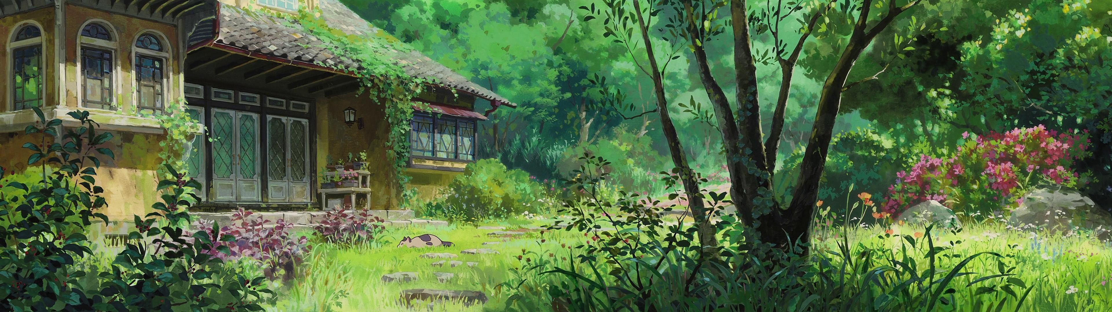 artwork, Garden, Cottage, Multiple, Display, Karigurashi, No, Arrietty, Studio, Ghibli, Dual, Monitor Wallpaper