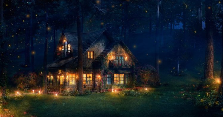 cottage, Lights, Splendor, Grass, Nature, Night, House HD Wallpaper Desktop Background