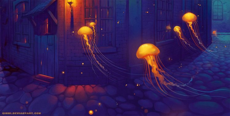 street, Jellyfish, Fantastic, Houses HD Wallpaper Desktop Background