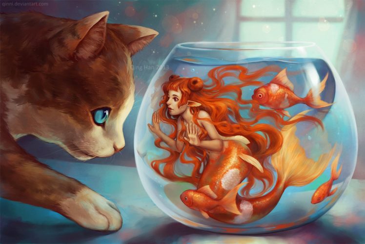 original, Cat, Fish, Mermaid, Beauty, Red, Hair, Long HD Wallpaper Desktop Background