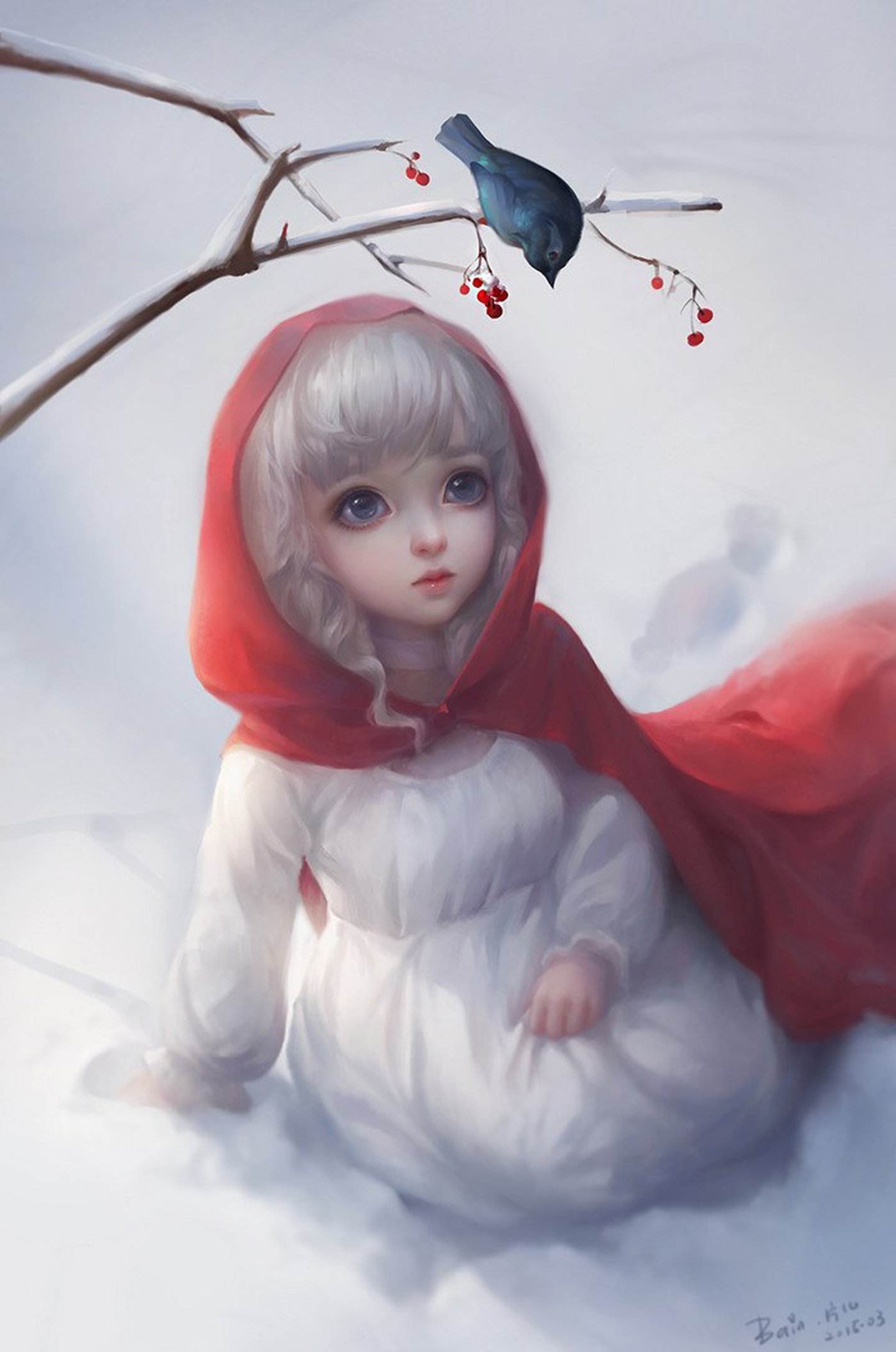 fantasy, Girl, Cute, Winter, Snow, Animal, Bird, White, Hair, Blue, Eyes Wallpaper