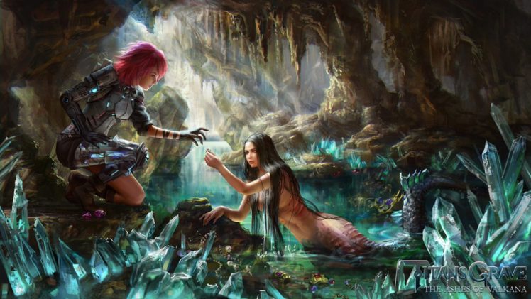 fantasy, Mermaid, Girls, Cave, Red, Hair HD Wallpaper Desktop Background