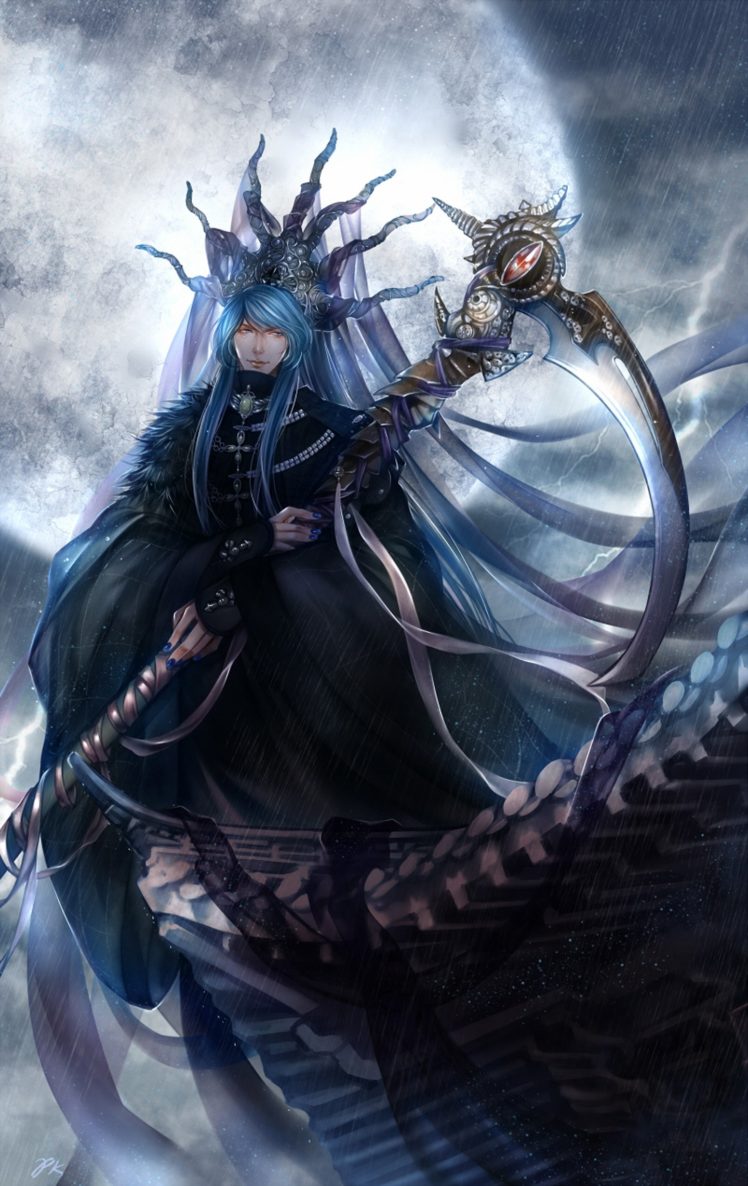 fantasy, Original, Witch, Moon, Blue, Long, Hair, Male, Sky HD Wallpaper Desktop Background