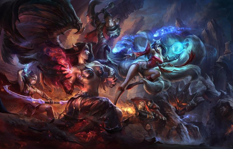 ahri, Art, Battle, Girl, League, Of, Legends, Magic, Morgana, Wings HD Wallpaper Desktop Background