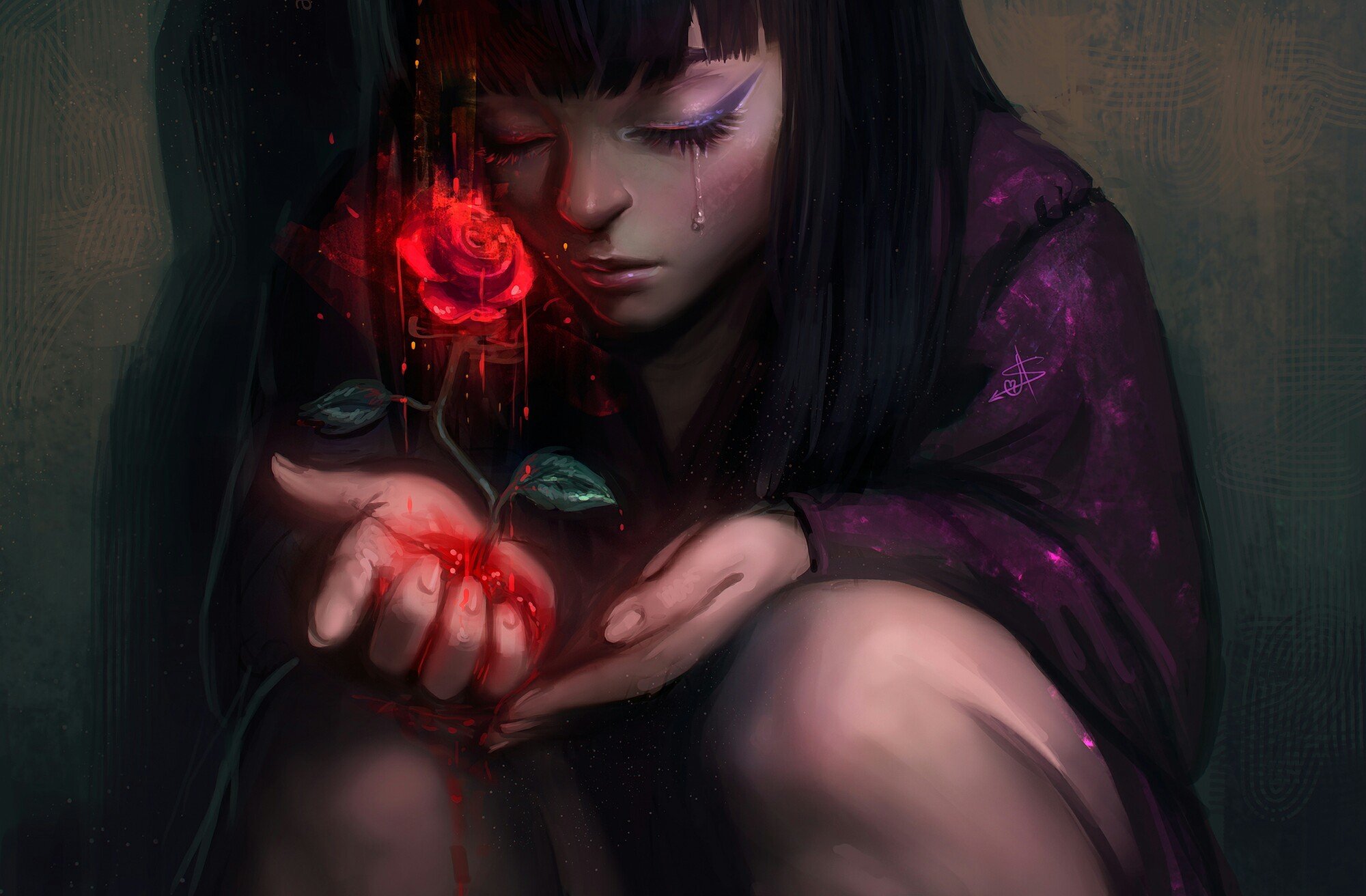 alone, Anime, Art, Ayyasap, Blood, Cry, Girl, Red, Rose, Sad, Tears