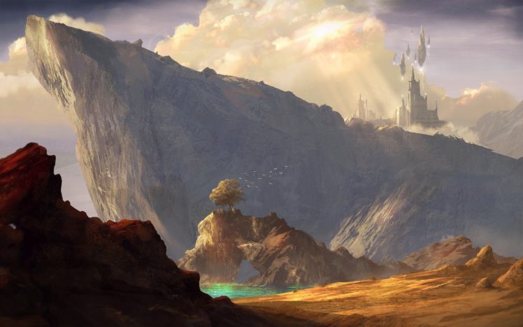 art, Castle, Fantasy, Landscape, Magic, Mountains, Rocks HD Wallpaper Desktop Background