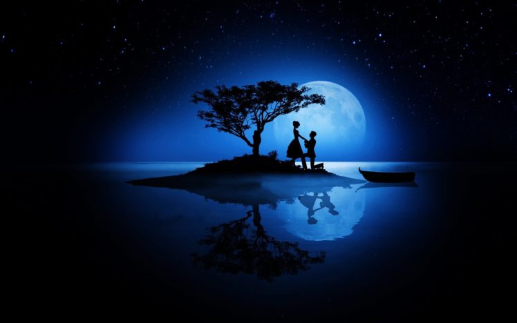 boat, Couple, Happy, Happy, Valentineand039s, Day, Lake, Love, Married, Me, Moon, Night, Reflected, Reflection, Romance, Silhouettes, Sky, Stars, Tree, Vector, Water HD Wallpaper Desktop Background