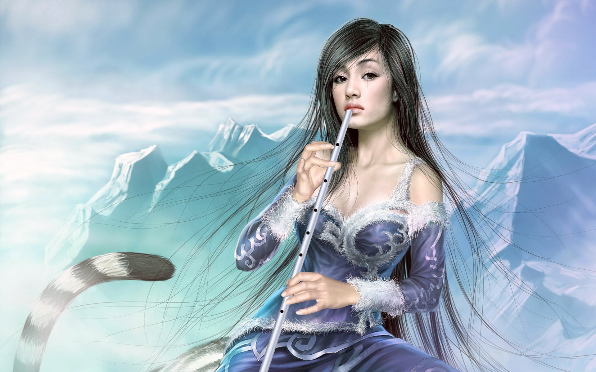 mujer, Fantasia, Flauta Wallpaper