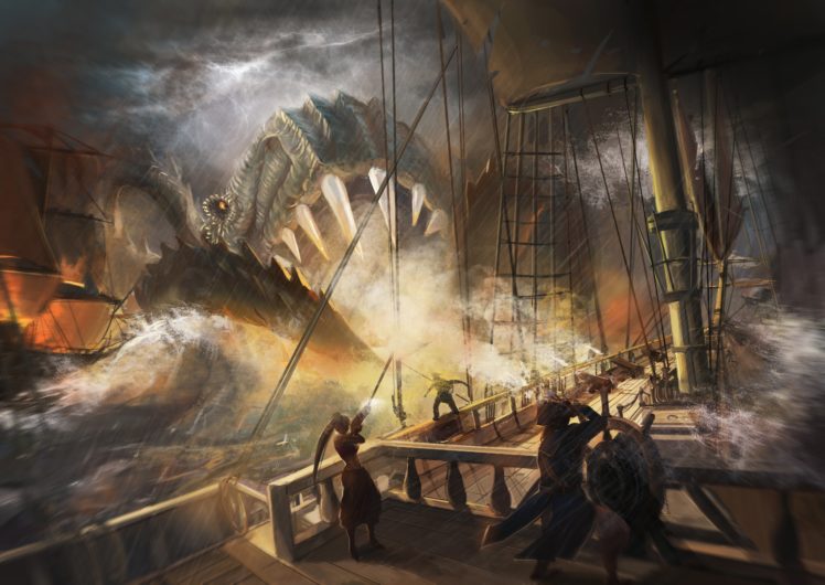 monsterssailing, Battle, Ship, Fantasy HD Wallpaper Desktop Background