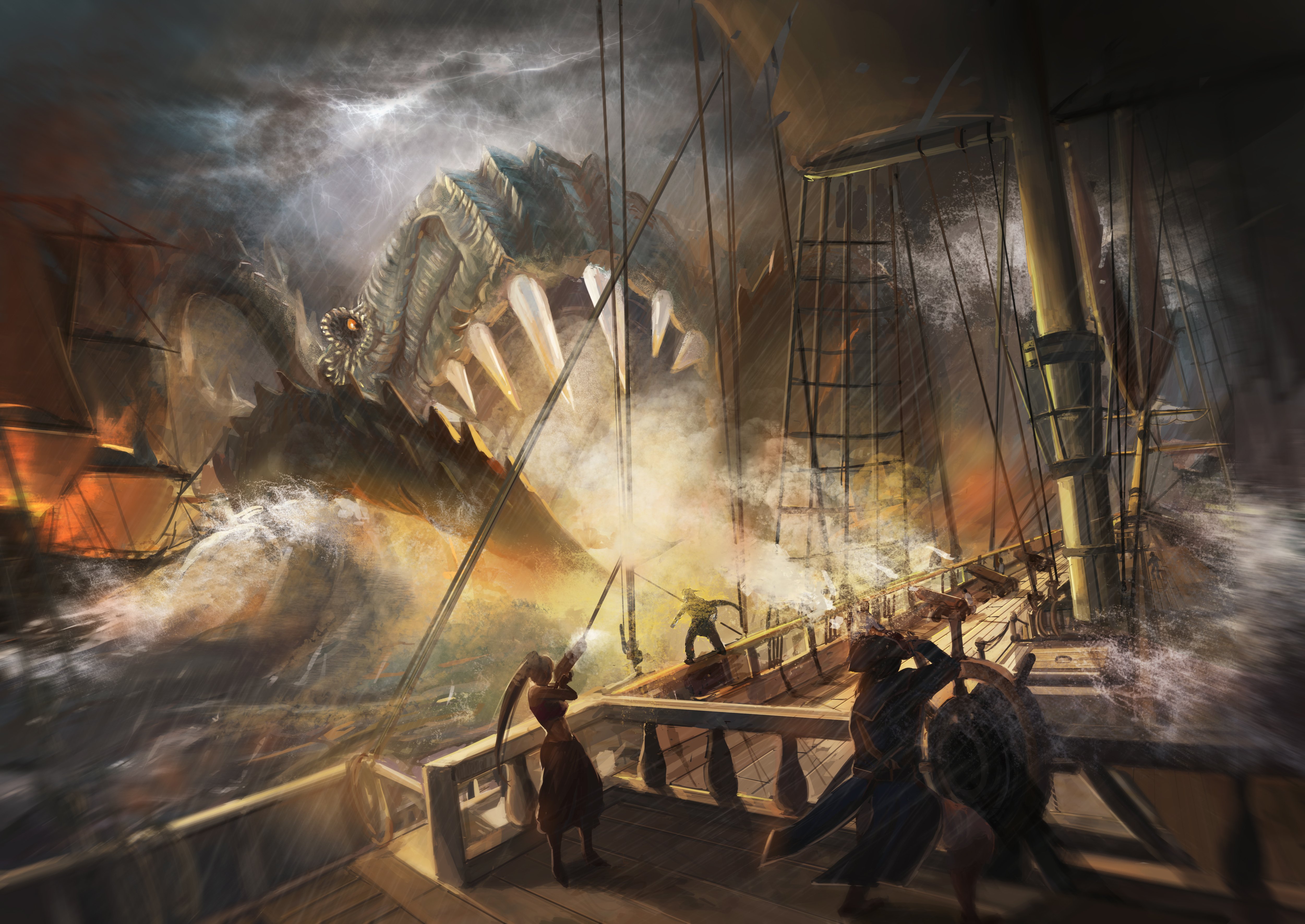 monsterssailing, Battle, Ship, Fantasy Wallpaper