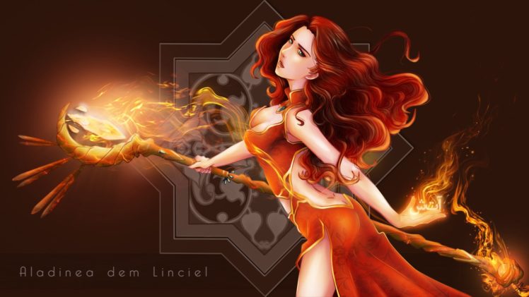 magic, Fire, Mage, Staff, Redhead, Girl, Fantasy, Girls HD Wallpaper Desktop Background