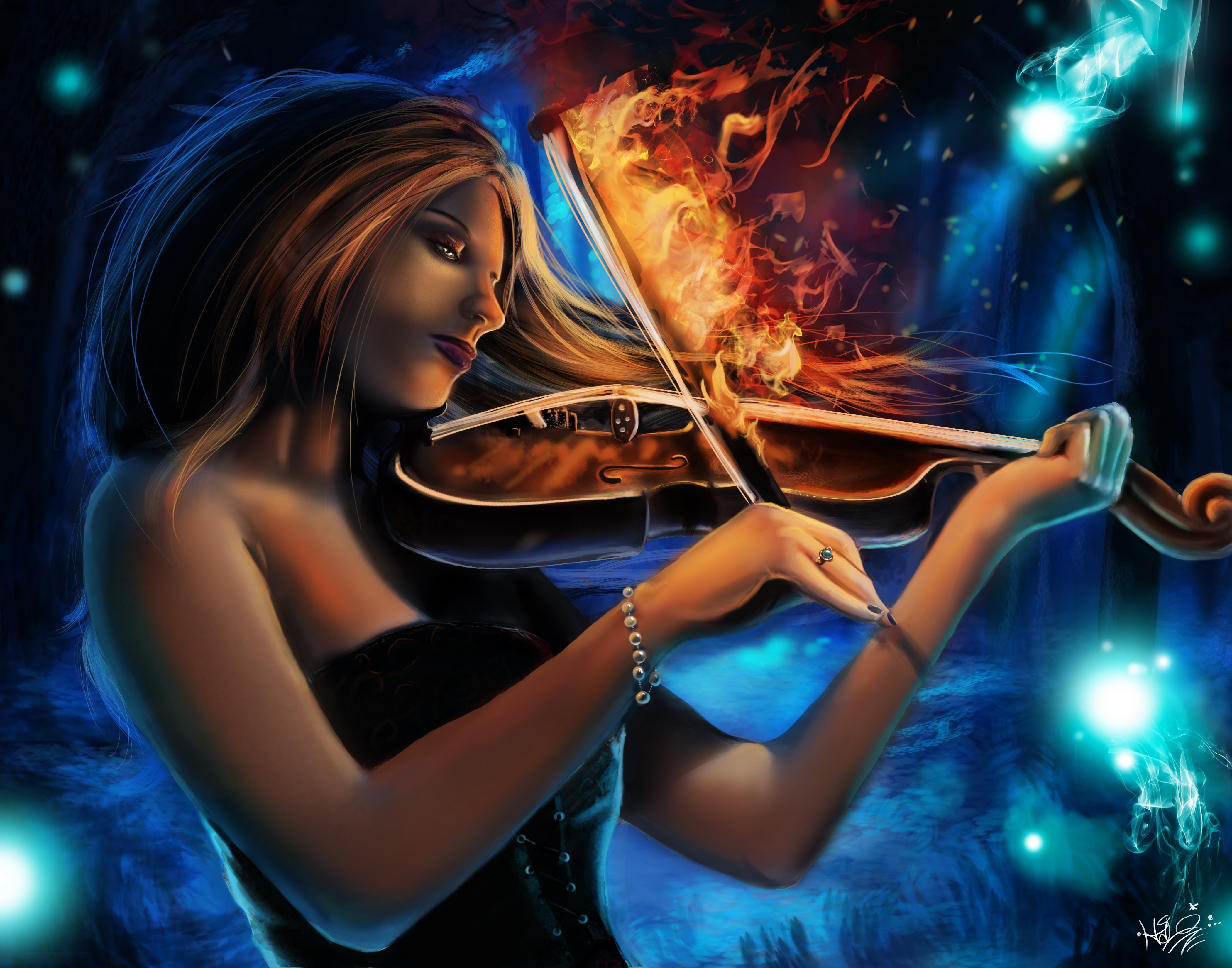magic, Violin, Fire, Burning, Lullaby, Fantasy, Girls, Fantasy, Music Wallpaper