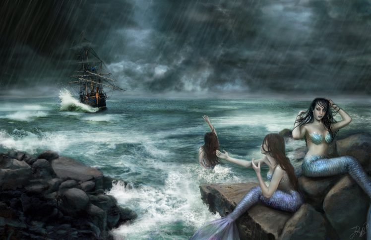 mermaid, Rain, Sea, Sailing, Ships, Three, 3, Fantasy, Girls HD Wallpaper Desktop Background