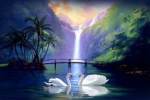 swan, Love, Waterfall, Fantasy