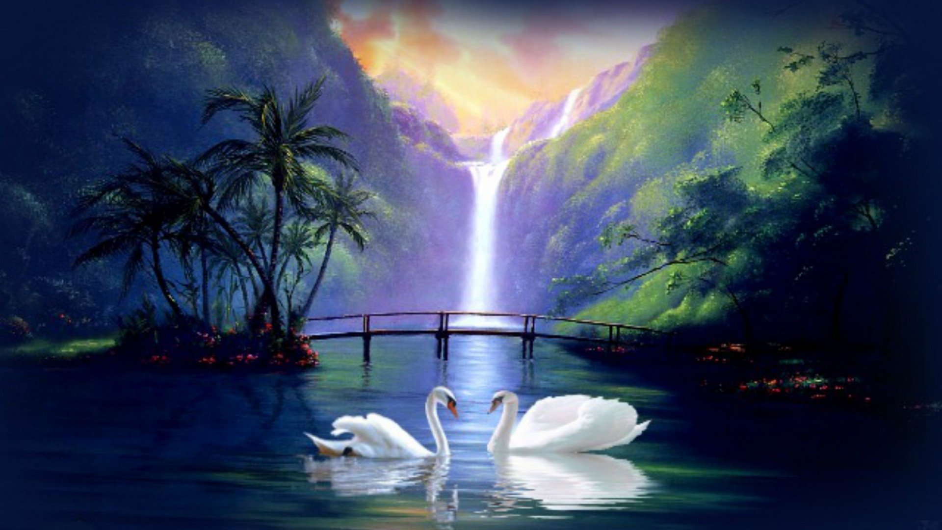 swan, Love, Waterfall, Fantasy Wallpaper