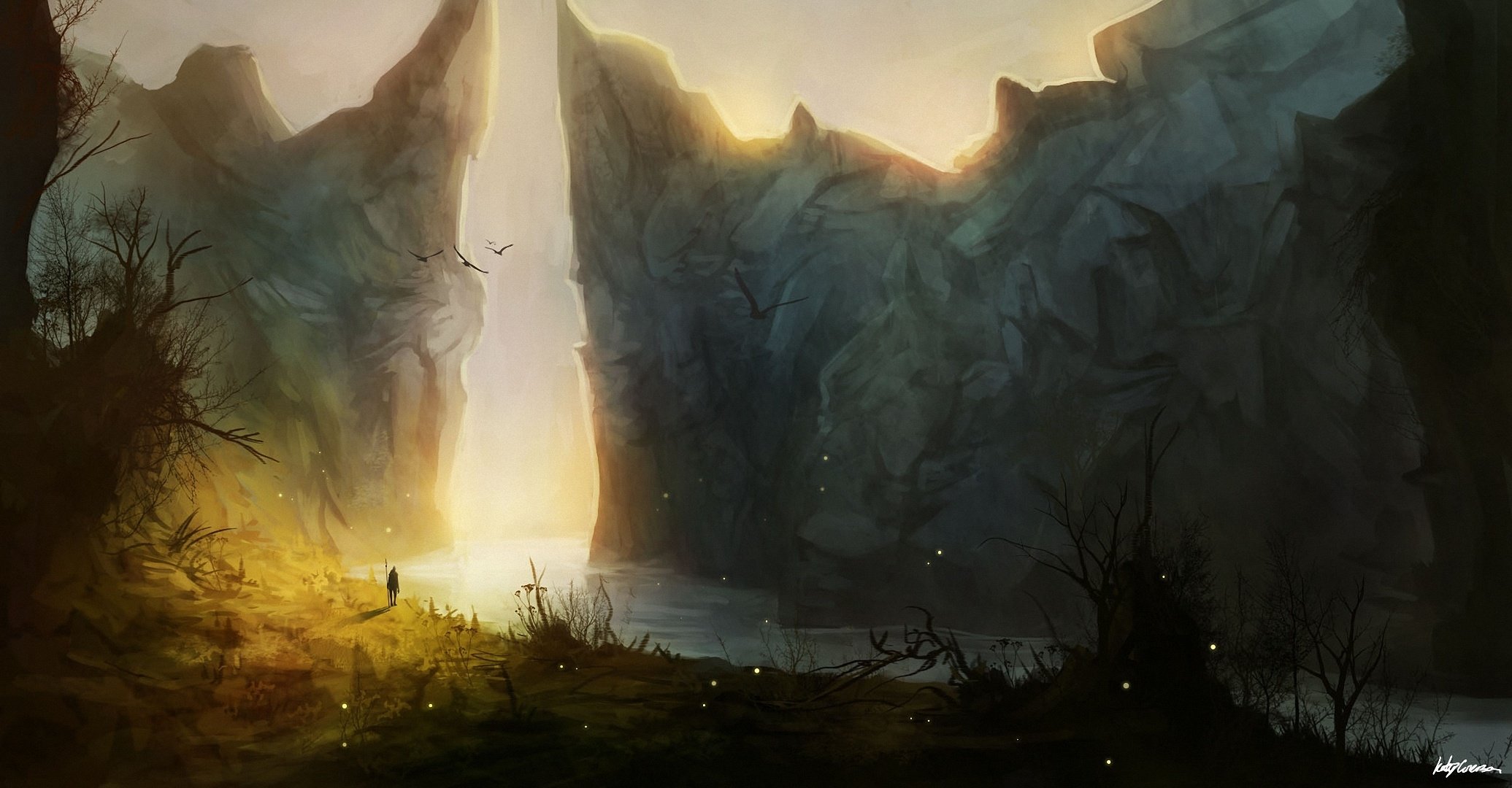 rocks, Landscape, Art, Man, Mountains, Fantasy Wallpaper