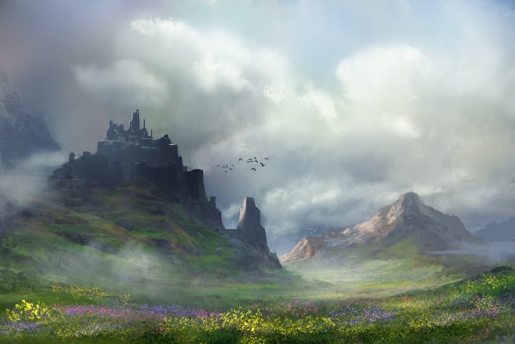 mountains, Painted, Landscape, Art, Flowers, Castle, Flock, Birds HD Wallpaper Desktop Background