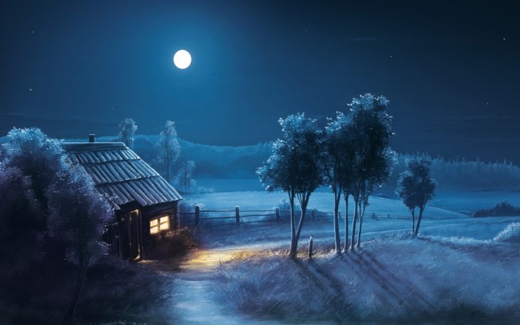 fantasy, Night, House, Moon, Blue HD Wallpaper Desktop Background