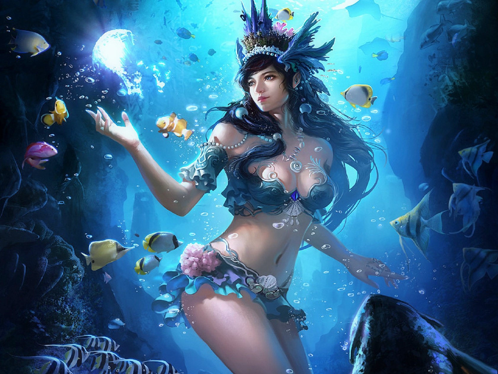 under, Water, Fish, Fantasy, Girl Wallpaper