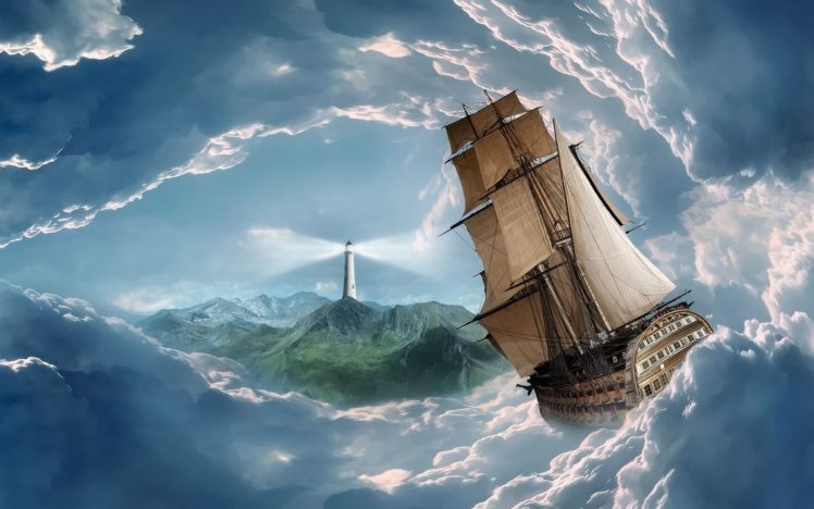 ship sailing clouds lighthouse gate HD Wallpaper Desktop Background